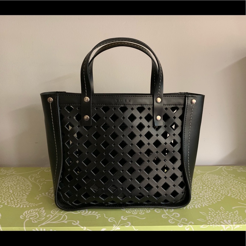 T U S K  Black Leather Top Handle Crossbody Tote